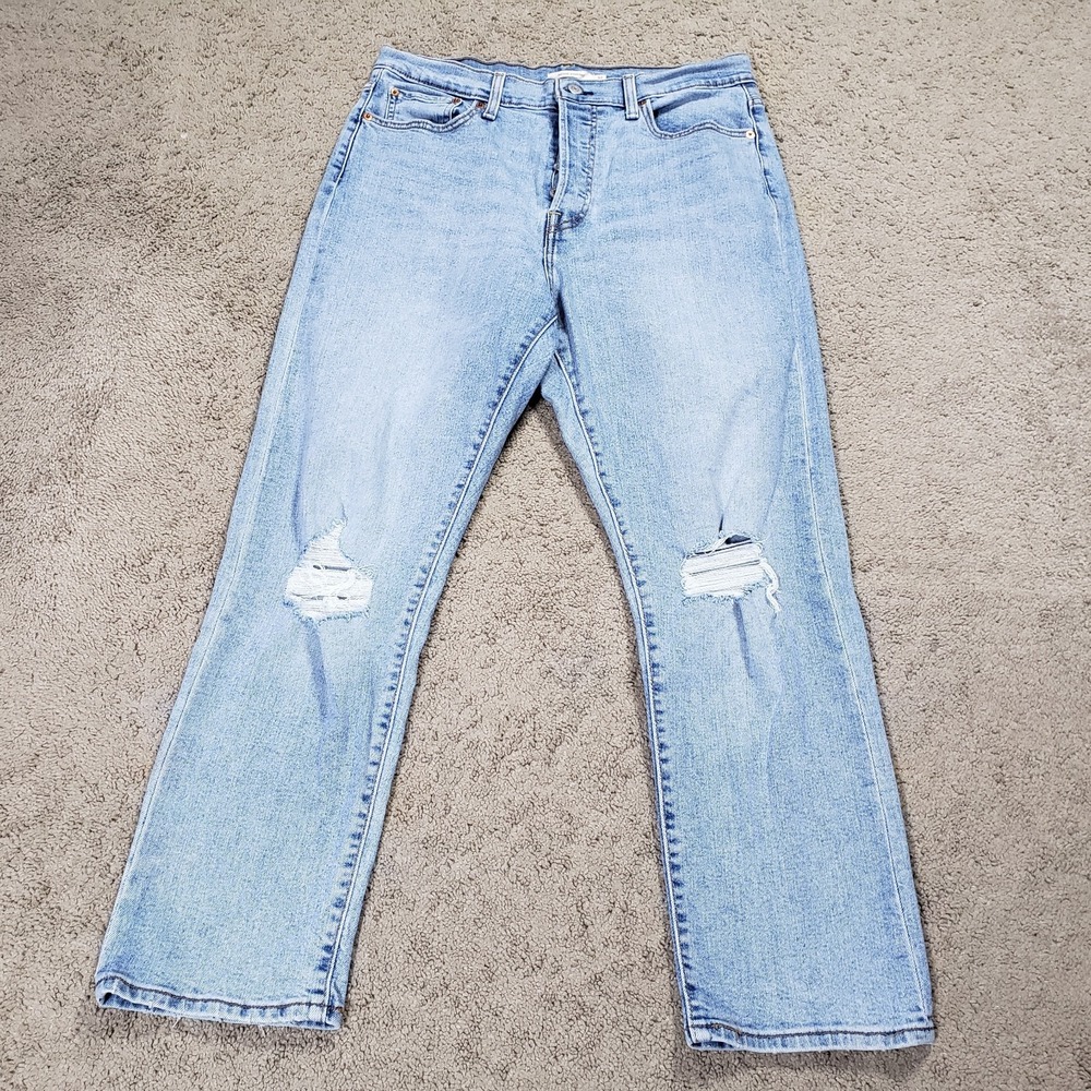 Levi's Wedgie Straight Jeans 32x28 Blue High Rise Button Fly Crop Ripped‎ Knee